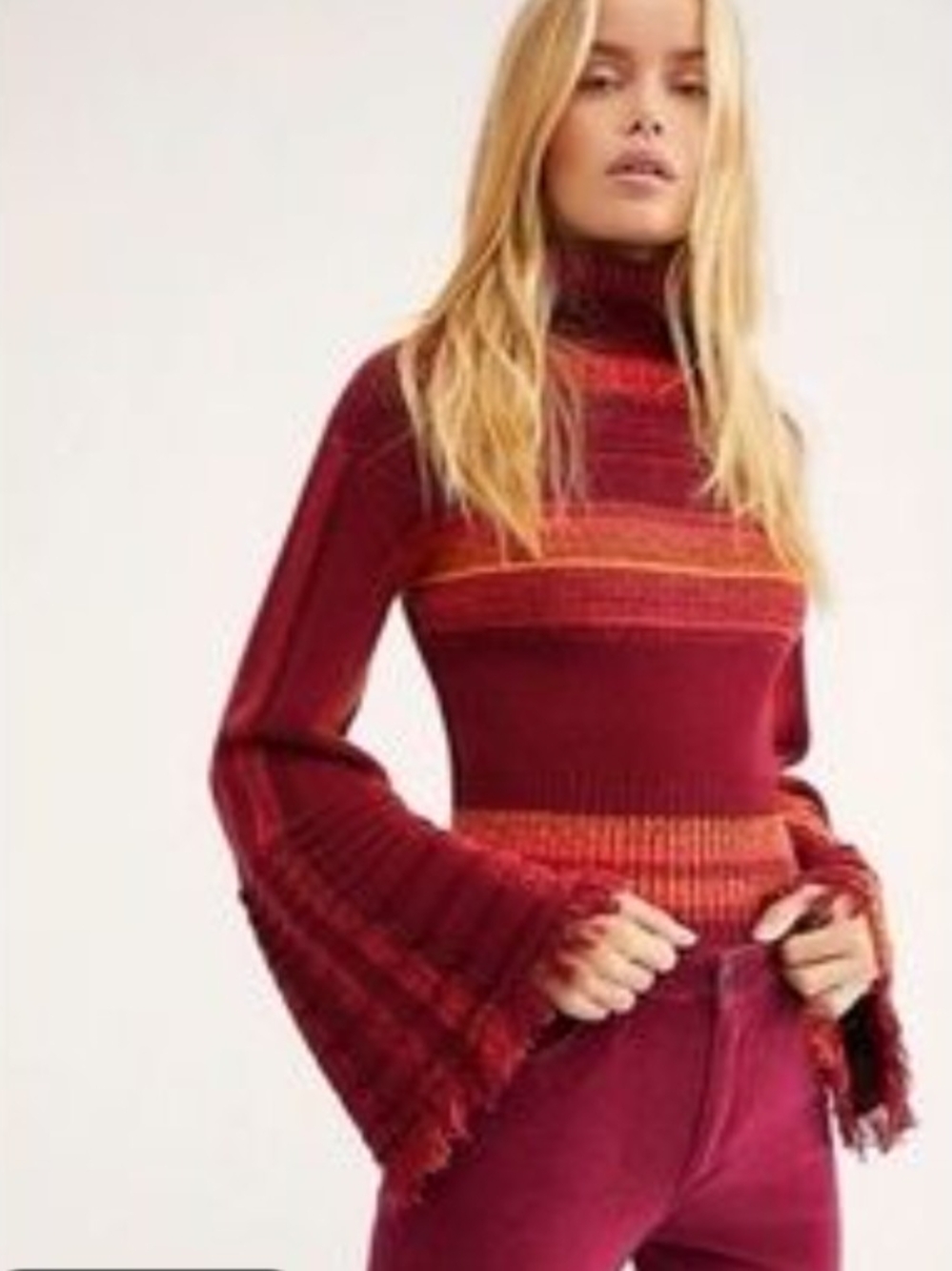 Free People Bell Sleeve Burgundy & Orange Stripe Ribbed Turtleneck Sweater
